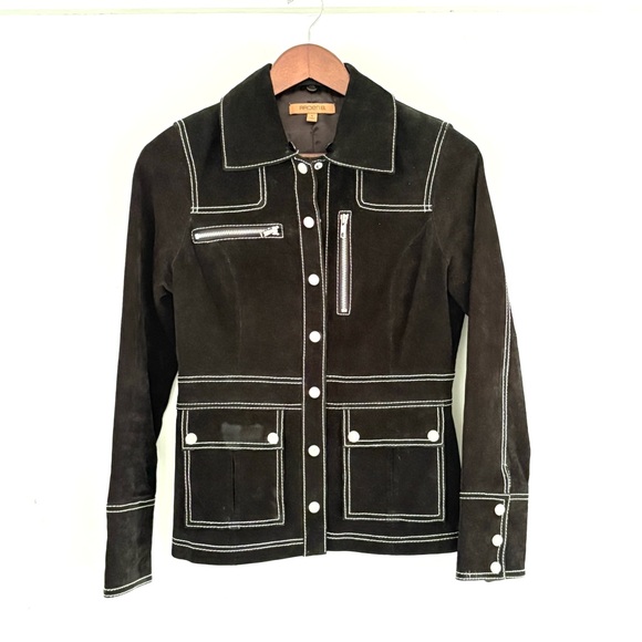 Arden B Black Suede Jacket Womens White Contrast Stitch Pockets Y2K Moto Sz Sm - Picture 1 of 6